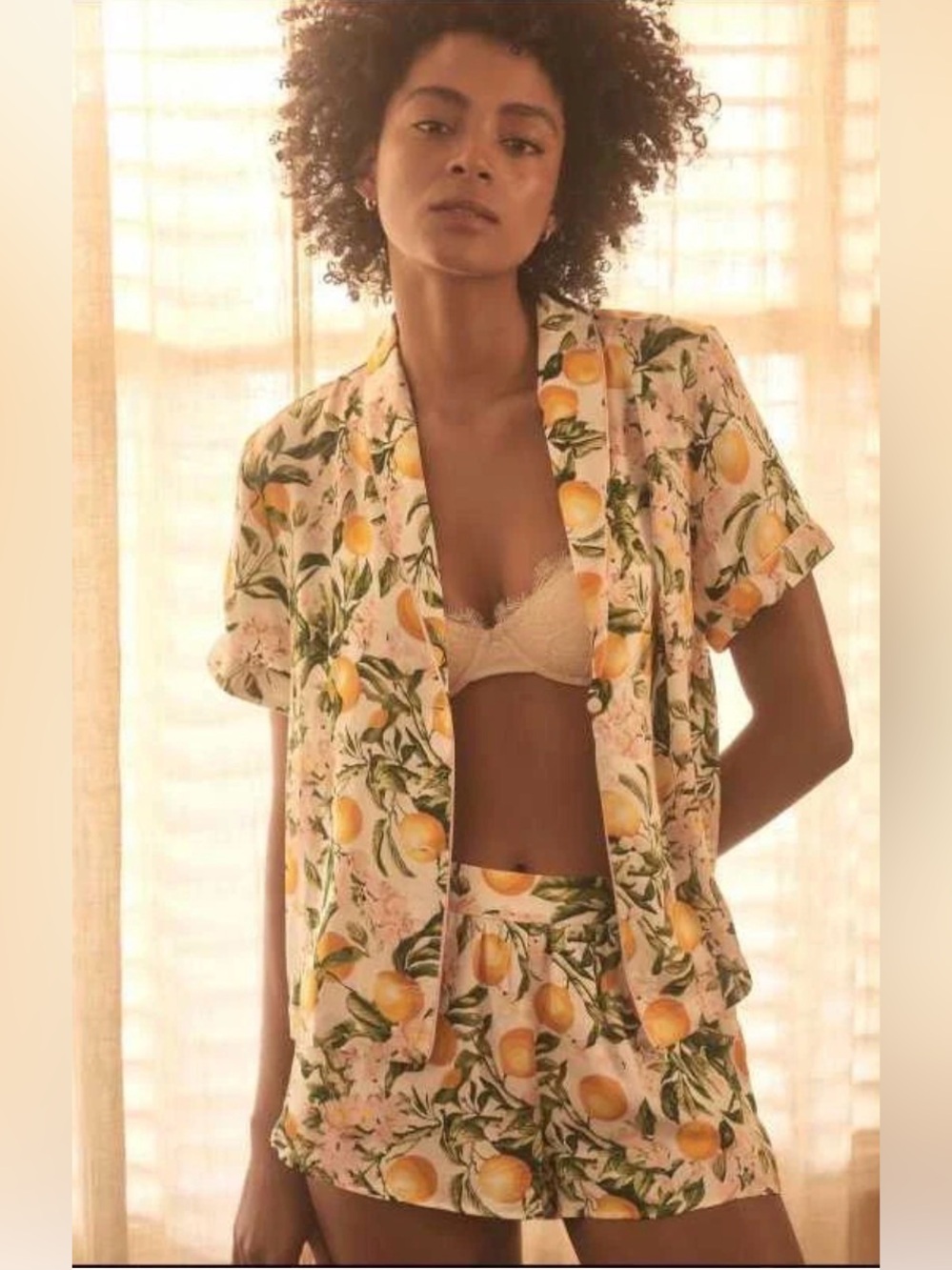 by Anthropologie Satin Pajama Shorts Set Lemon & Floral